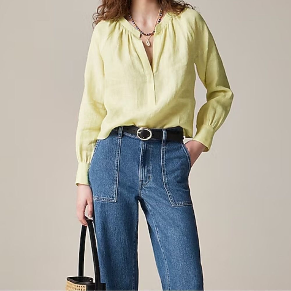 J.Crew 100% Linen‎ Cabana Popover Top Pale Yellow Size Large